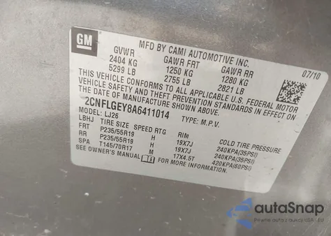 2010 Chevrolet Equinox Ltz из США, поврежденный, VIN 2CNFLGEY8A6411014